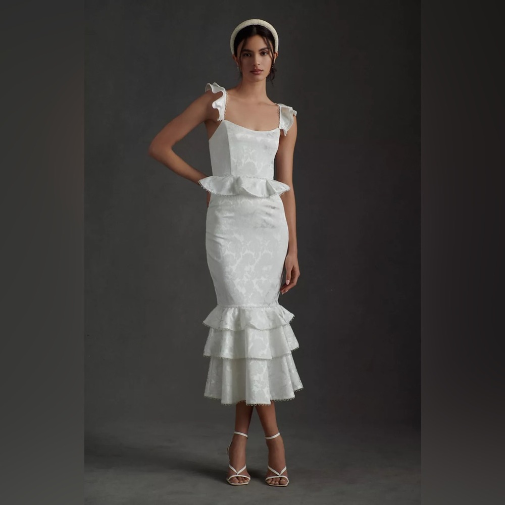 V. Chapman Violet Corset Ruffled Tiered Hem Midi Dress